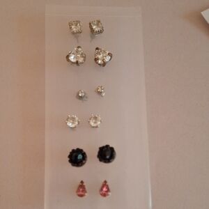 6 Pair Estate Sale Silver Toned Stud Style Earrings Hearts Prong Set Untested